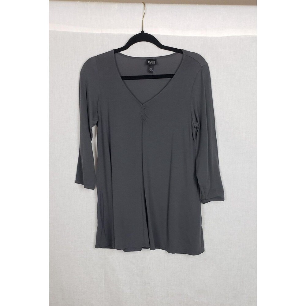 Eileen Fisher Shirt Top M‎ Gray Tencel Cashmere 3/4 Sleeve V-Neck Ruched Casual